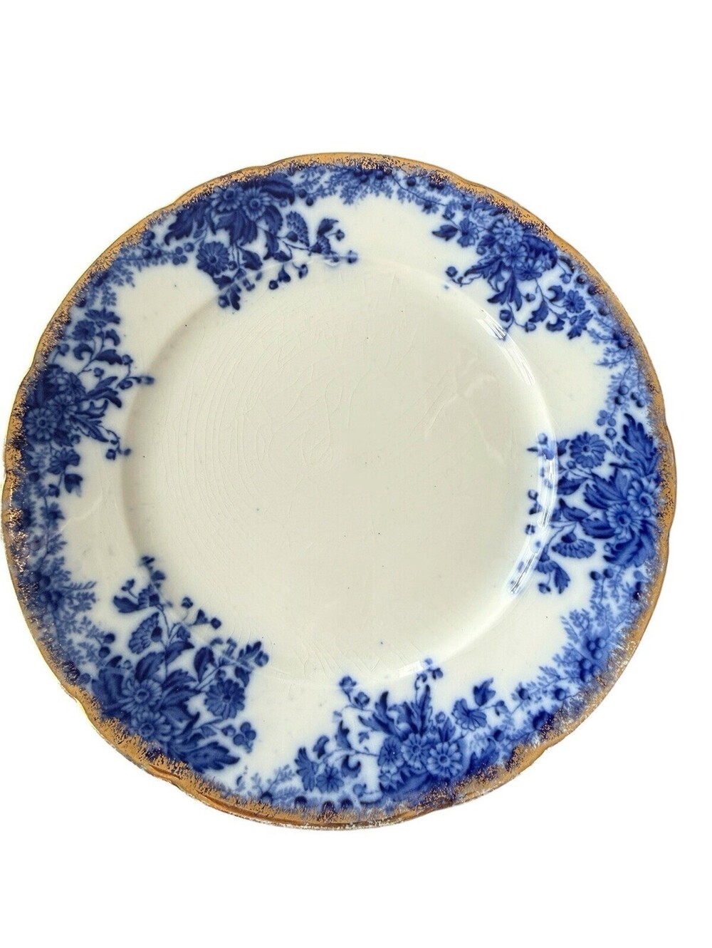 W.H. Grindley Flow Blue Dinner Plate Marguerite 9 3/4” Gold Colored Rim See Desc